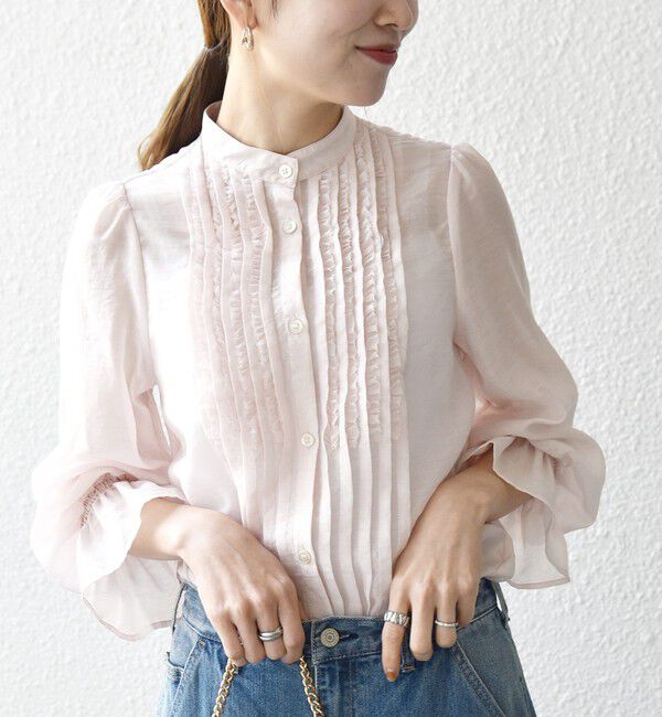 SHIPS any「SHIPS any:〈手洗い可能〉シアー フリル バンドカラー シャツ ブラウス」|シャツ・ブラウス|ピンク