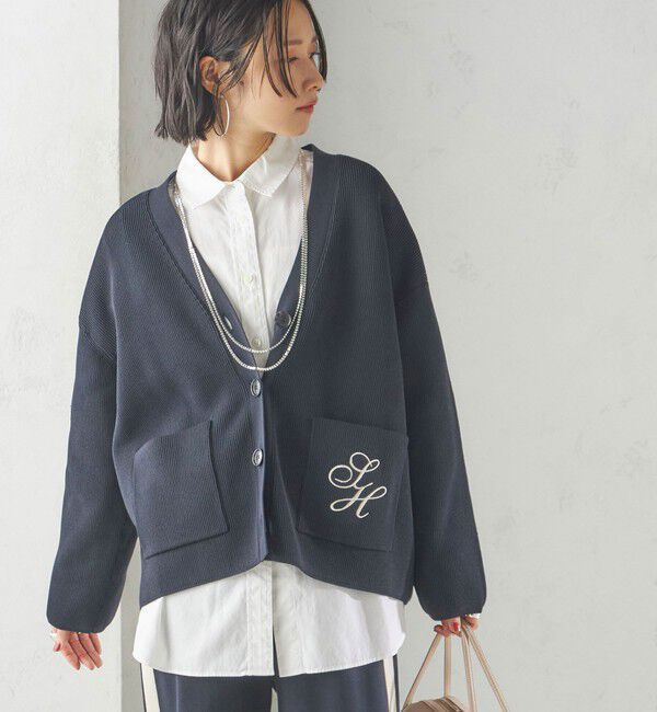 SHIPS for women「〈手洗い可能〉ワンポイント 刺繍 Vネック カーディガン」|カーディガン|ネイビー