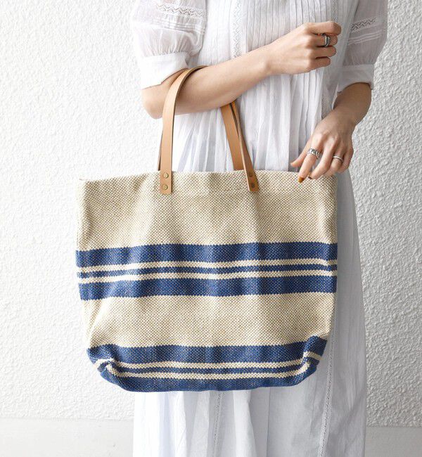SHIPS any「《予約》TARANGO: ライン デザイン ジュート ビッグ トート（A4対応）」|トートバッグ|ブルー