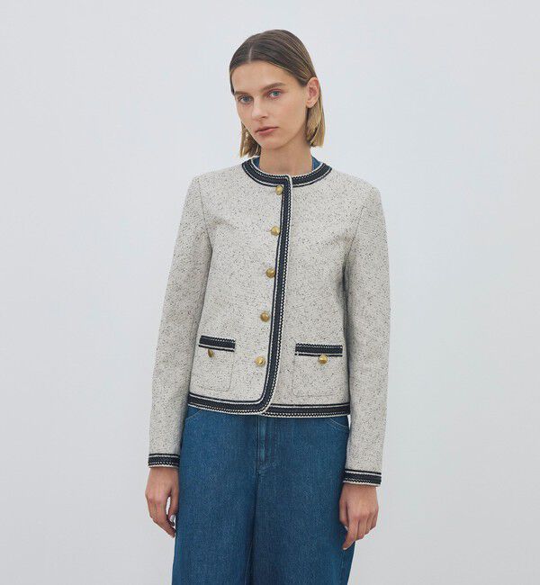 DES PRES「メランジツイル クルーネックコンパクトジャケット」|ノーカラージャケット|