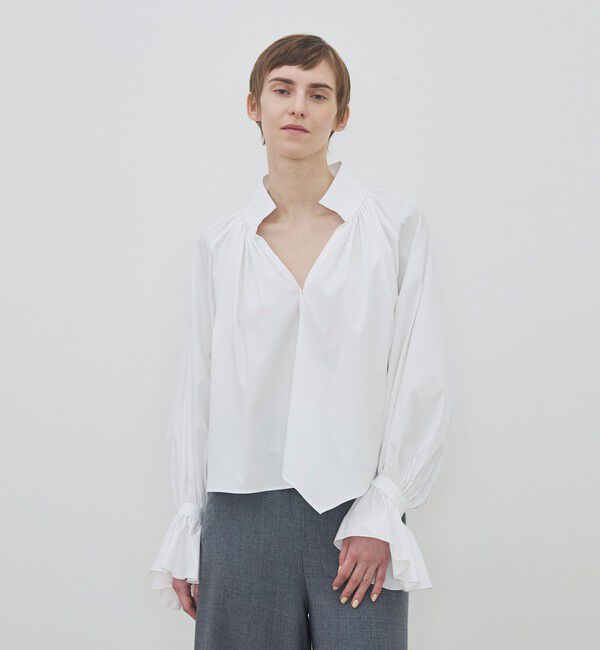 DES PRES「コットンストレッチポプリン ハイネックギャザーブラウス」|シャツ・ブラウス|
