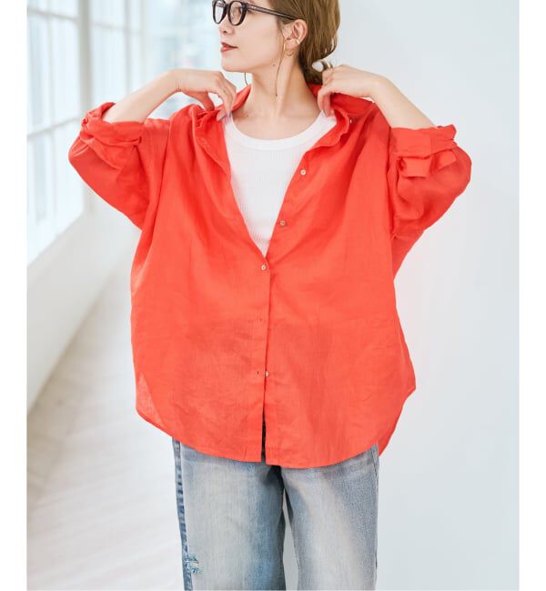 Spick and Span「《新色有り / ゆったりサイズ》追加予約 80リネンカシュクール ビッグシャツ」|シャツ・ブラウス|