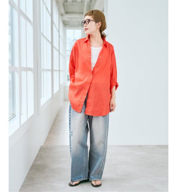 Spick and Span「《新色有り / ゆったりサイズ》追加予約 80リネンカシュクール ビッグシャツ」|シャツ・ブラウス|