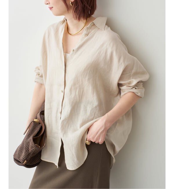 Spick and Span「《新色有り / ゆったりサイズ》追加予約 80リネンカシュクール ビッグシャツ」|シャツ・ブラウス|ベージュ A