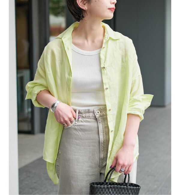 Spick and Span「《新色有り / ゆったりサイズ》追加予約 80リネンカシュクール ビッグシャツ」|シャツ・ブラウス|イエロー B