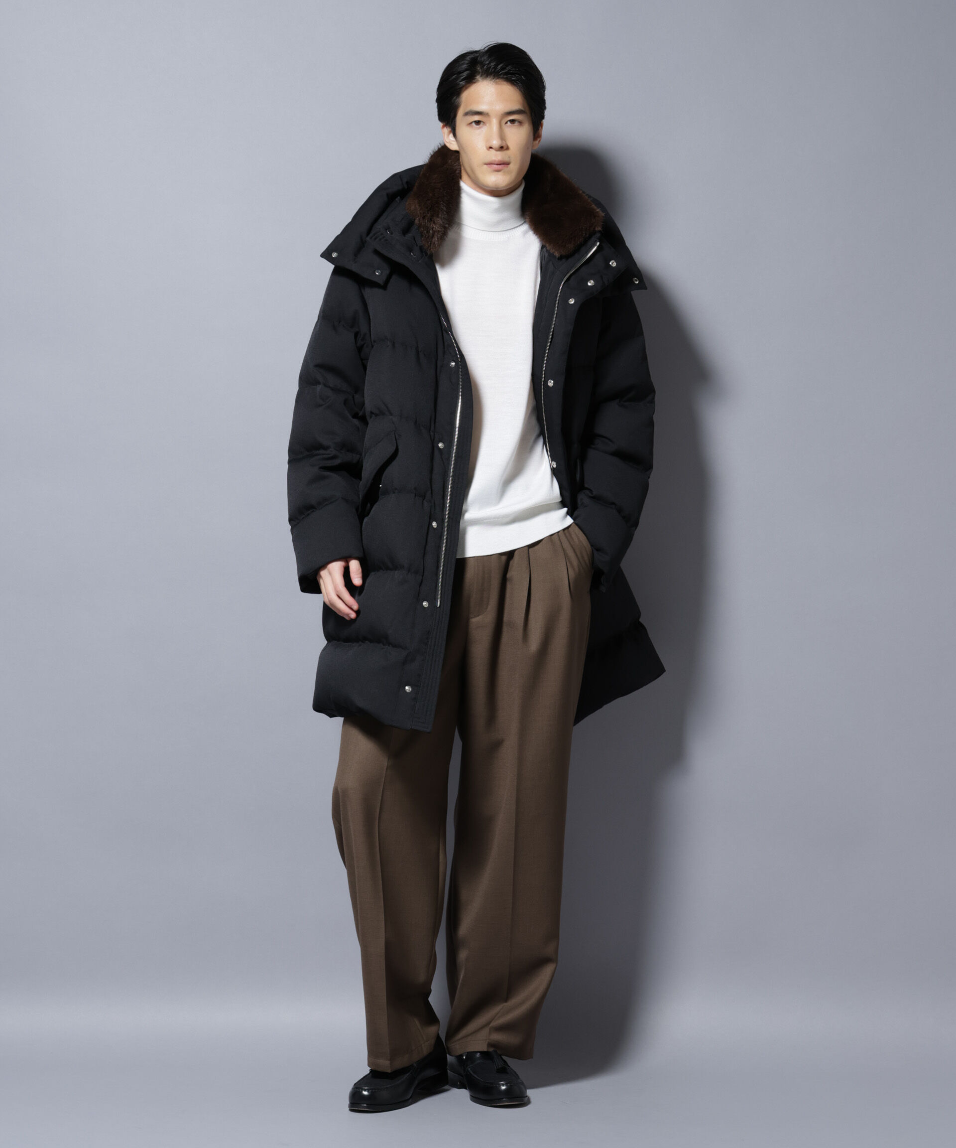 nano･universe「「西川ダウン(R)」フェイクファーカラーサージロングダウン」|ダウン|