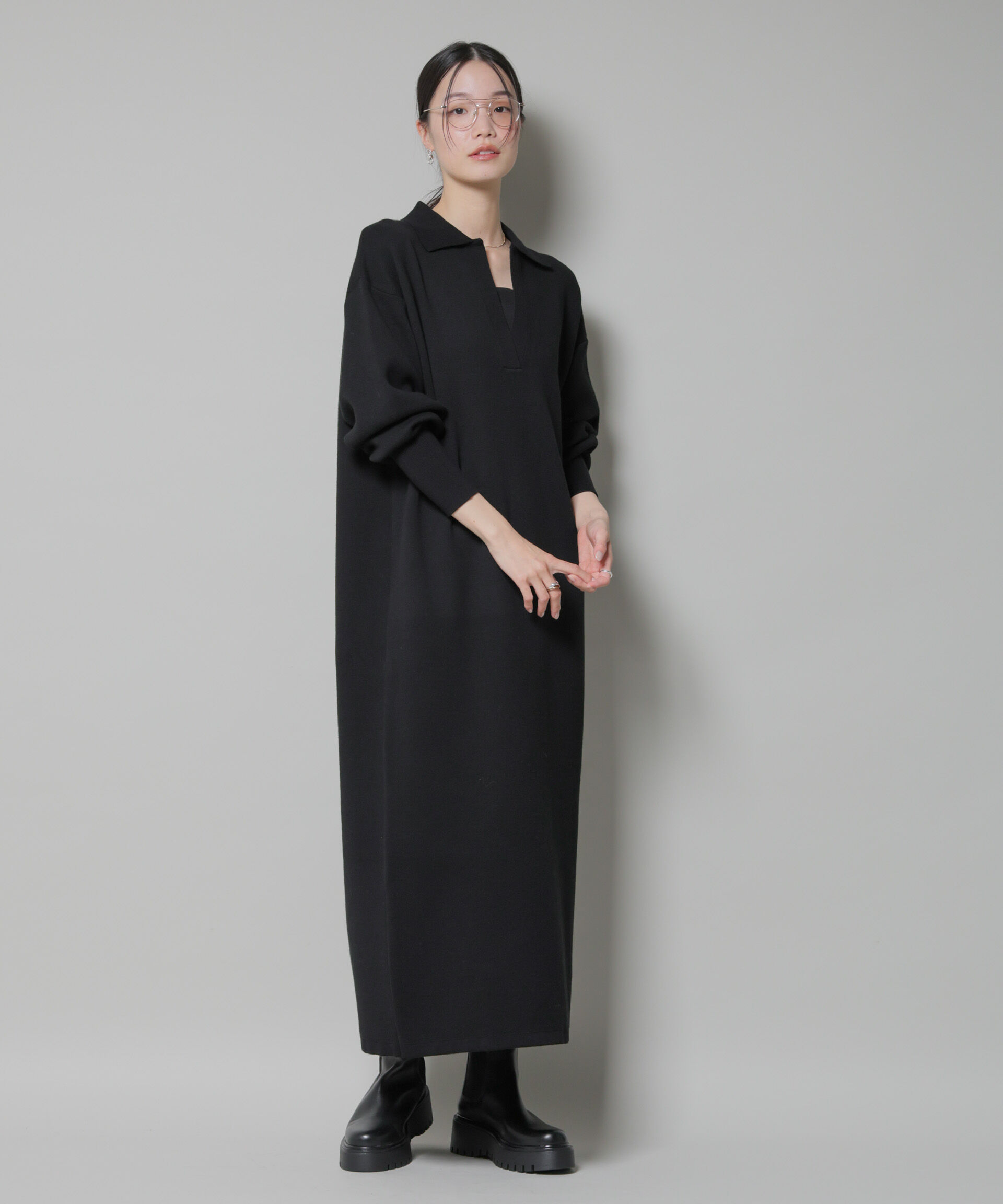 nano･universe「スウェットライク衿付きスキッパーニットワンピース」|ワンピース|ブラック