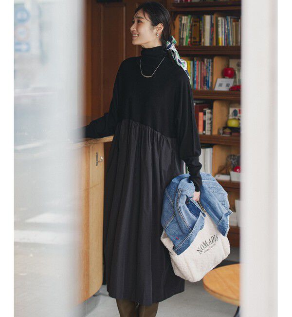 23区「【洗える】ギャザーコンビ ニットワンピース」|ワンピース|ブラック系