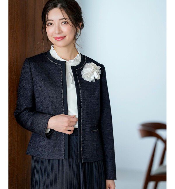 ANY SIS「リップルボーダーストレッチ ジャケット」|ノーカラージャケット|ネイビー