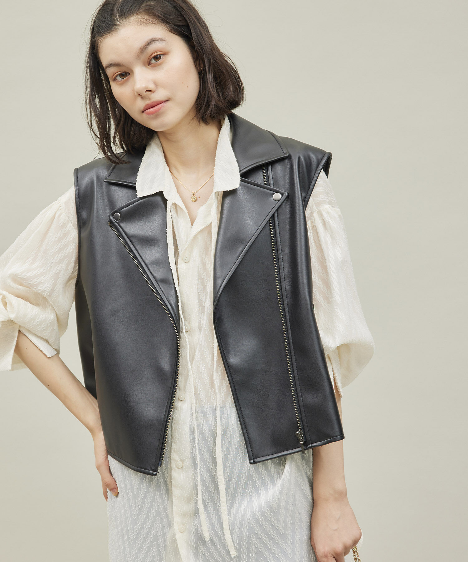 ROPE' PICNIC R「シンセティックレザーノースリーブジャケット」|ライダースジャケット|