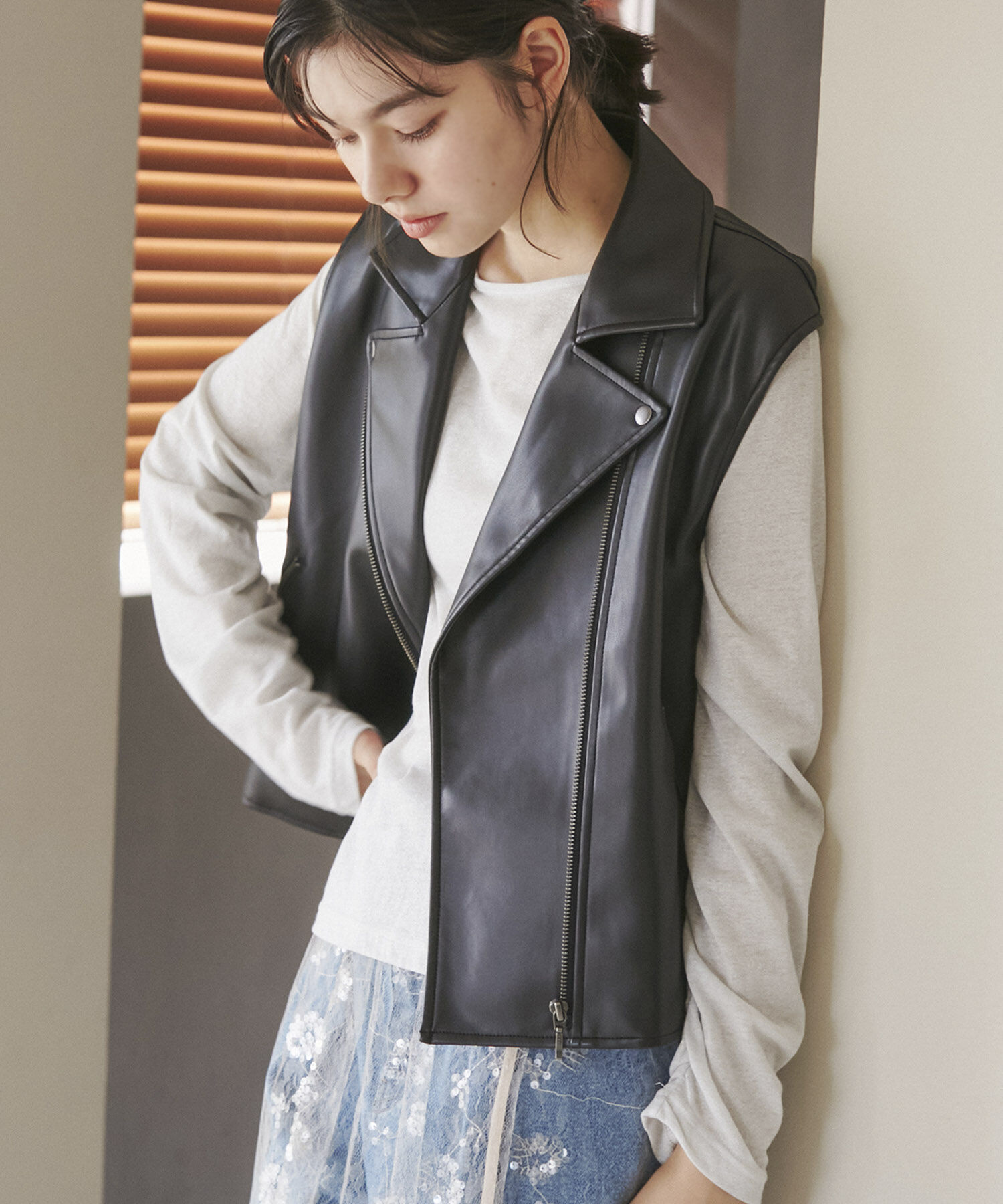 ROPE' PICNIC R「シンセティックレザーノースリーブジャケット」|ライダースジャケット|