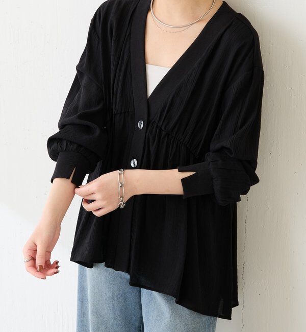  「《1枚で着映える》ギャザー切替シャツカーディガン」|シャツ・ブラウス|