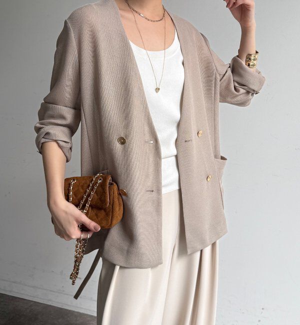  「メッシュノーカラーバックリボンジャケット」|テーラードジャケット|ベージュ