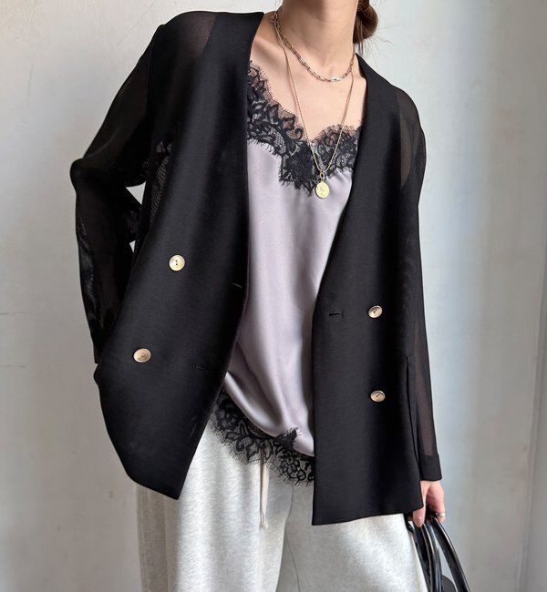  「メッシュノーカラーバックリボンジャケット」|テーラードジャケット|ブラック