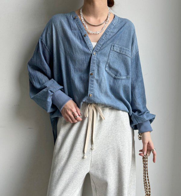  「シアーデニム袖リブVVシャツ」|シャツ・ブラウス|