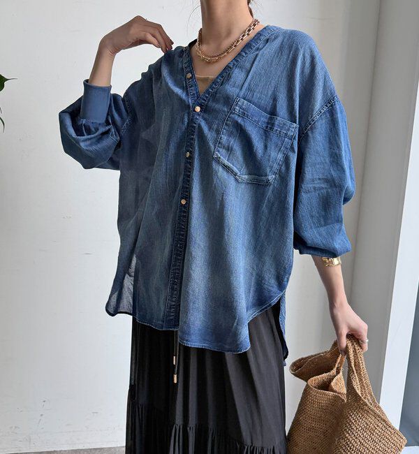  「シアーデニム袖リブVVシャツ」|シャツ・ブラウス|ネイビー