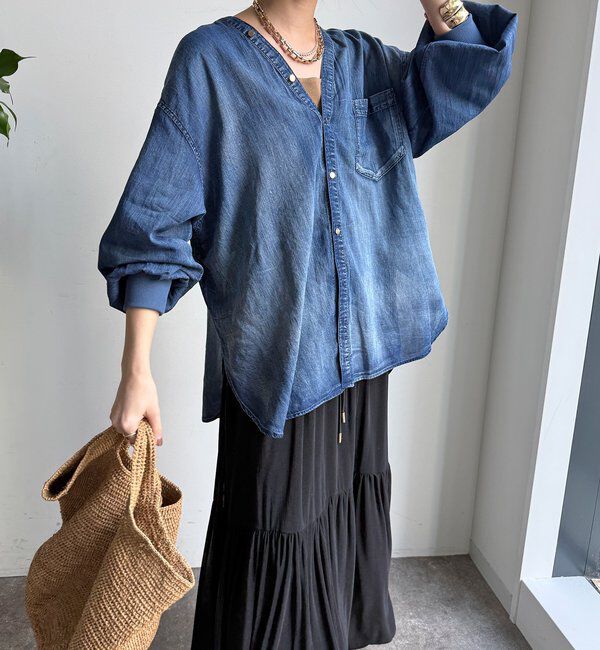  「シアーデニム袖リブVVシャツ」|シャツ・ブラウス|