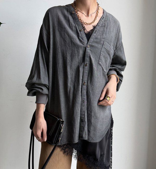  「シアーデニム袖リブVVシャツ」|シャツ・ブラウス|グレー