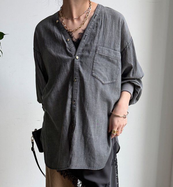  「シアーデニム袖リブVVシャツ」|シャツ・ブラウス|