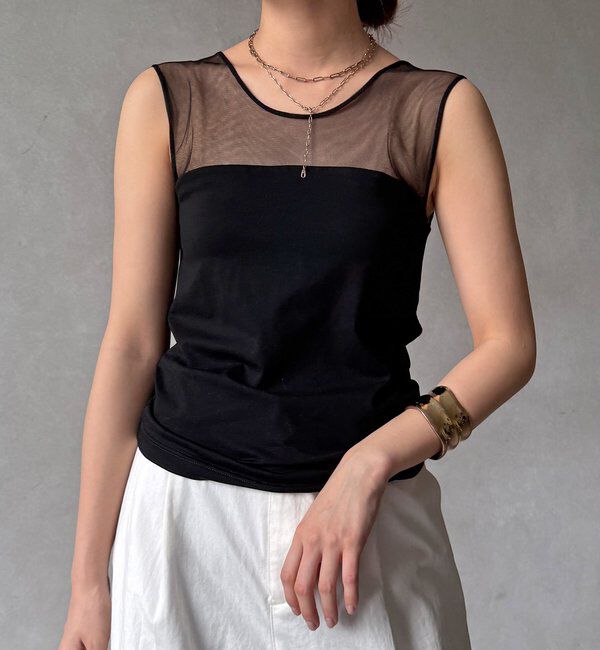  「【WEB限定】カップ付チュール切替タンク」|Tシャツ・カットソー|ブラック