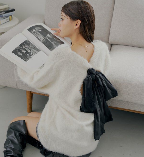  「2wayバックオープンベロアリボンルーズニット」|ニット・セーター|