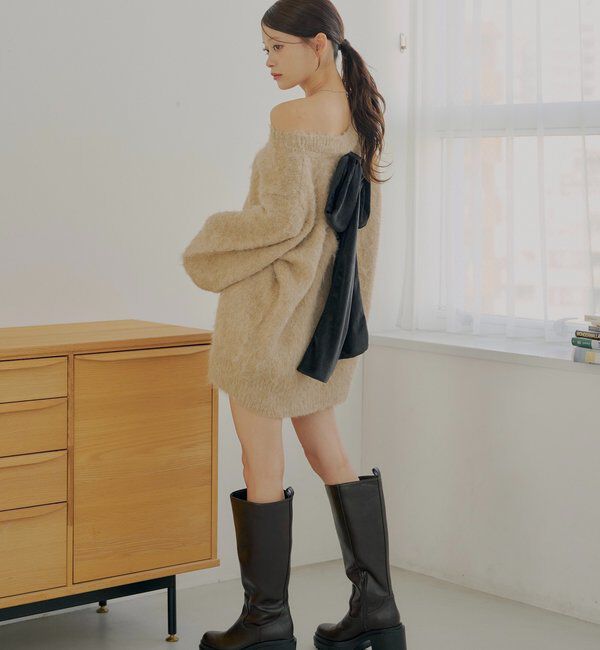  「2wayバックオープンベロアリボンルーズニット」|ニット・セーター|