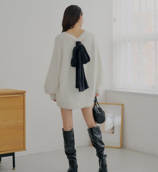  「2wayバックオープンベロアリボンルーズニット」|ニット・セーター|