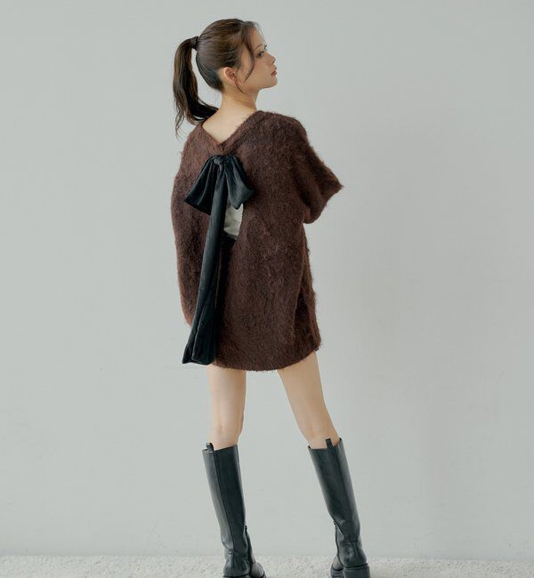  「2wayバックオープンベロアリボンルーズニット」|ニット・セーター|