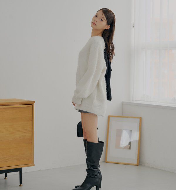  「2wayバックオープンベロアリボンルーズニット」|ニット・セーター|