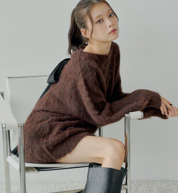 「2wayバックオープンベロアリボンルーズニット」|ニット・セーター|ブラウン