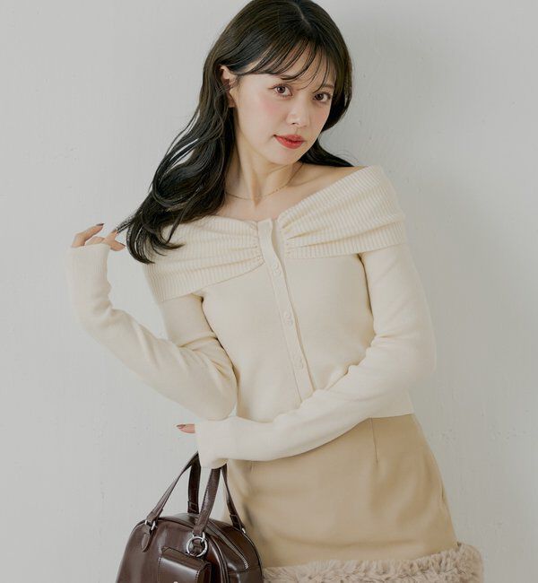  「フロントボタンオフショルニット」|ニット・セーター|