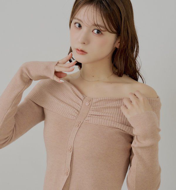  「フロントボタンオフショルニット」|ニット・セーター|ピンク