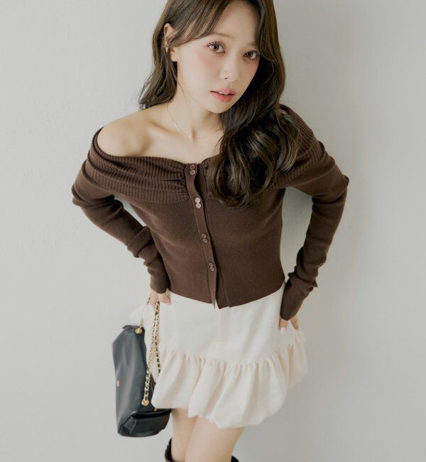  「フロントボタンオフショルニット」|ニット・セーター|ブラウン