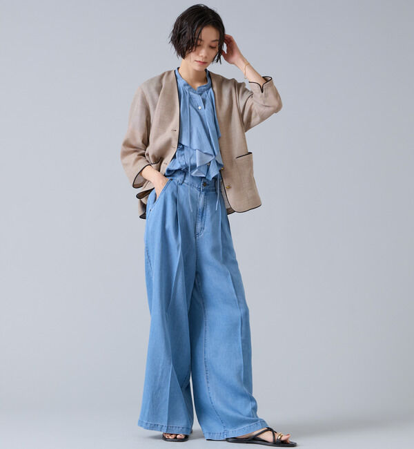 Liesse「麻調バイカラーメッシュジャケット」|ノーカラージャケット|