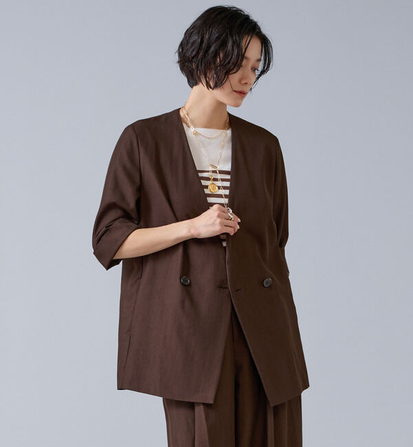 Liesse「テンセルナイロンVカラージャケット」|ノーカラージャケット|ブラウン