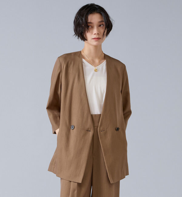 Liesse「テンセルナイロンVカラージャケット」|ノーカラージャケット|モカ