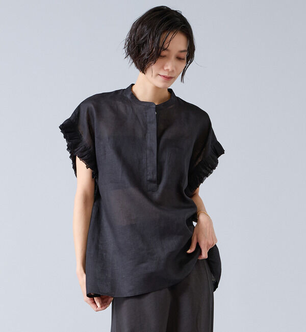 Liesse「【定番】リネンギャザースリーブブラウス」|シャツ・ブラウス|ブラック
