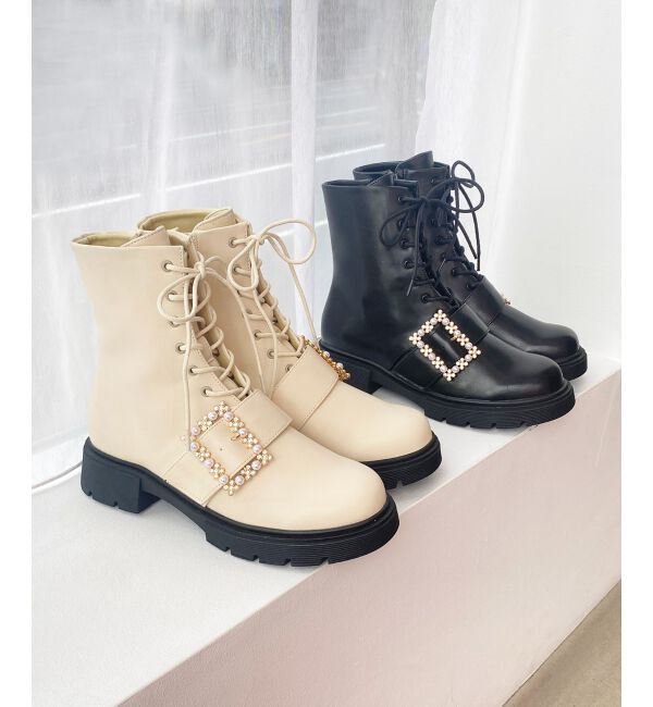 MAJESTICLEGON「パールバックルレースアップブーツ」|ショートブーツ|