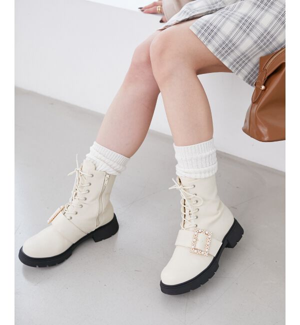 MAJESTICLEGON「パールバックルレースアップブーツ」|ショートブーツ|