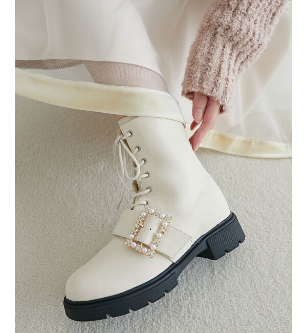MAJESTICLEGON「パールバックルレースアップブーツ」|ショートブーツ|