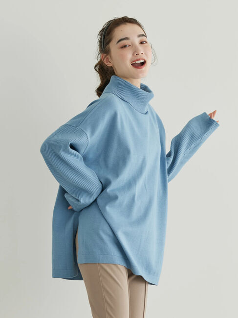  「パチパチしにくいハイネックBIGニットプルオーバー」|ニット・セーター|サックスブルー