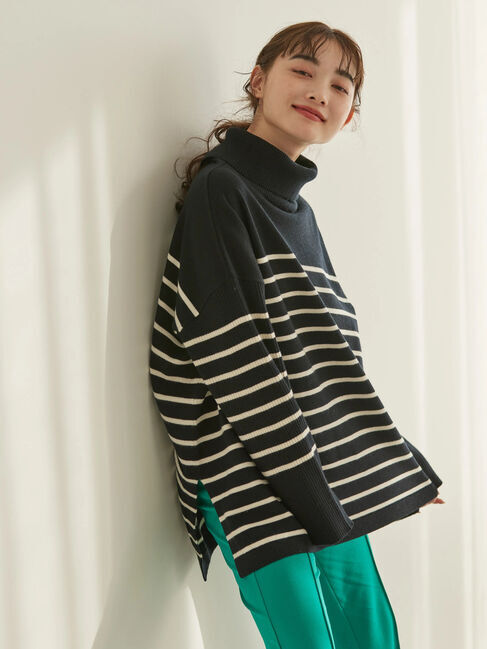  「パチパチしにくいハイネックBIGニットプルオーバー」|ニット・セーター|ボーダーネイビー