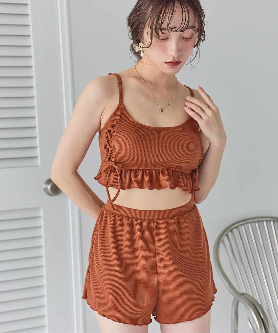 SEA DRESS「ワッフル素材レースアップビキニ」|ビキニ|テラコッタ