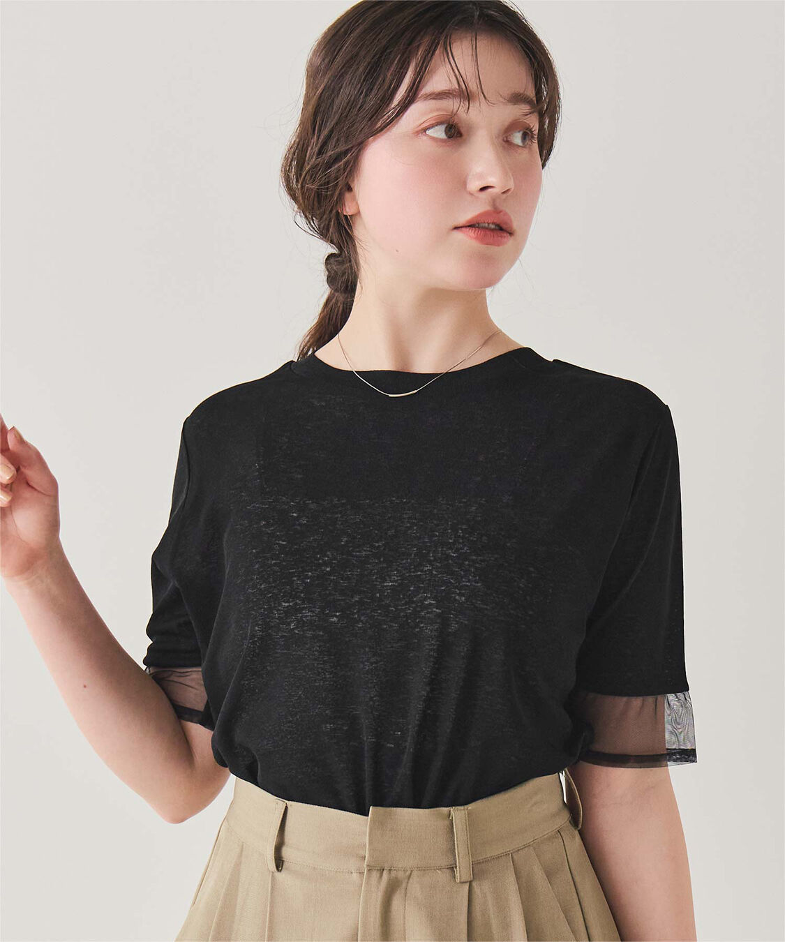 titivate「シアー切替ハーフスリーブカットソートップス」|Tシャツ・カットソー|