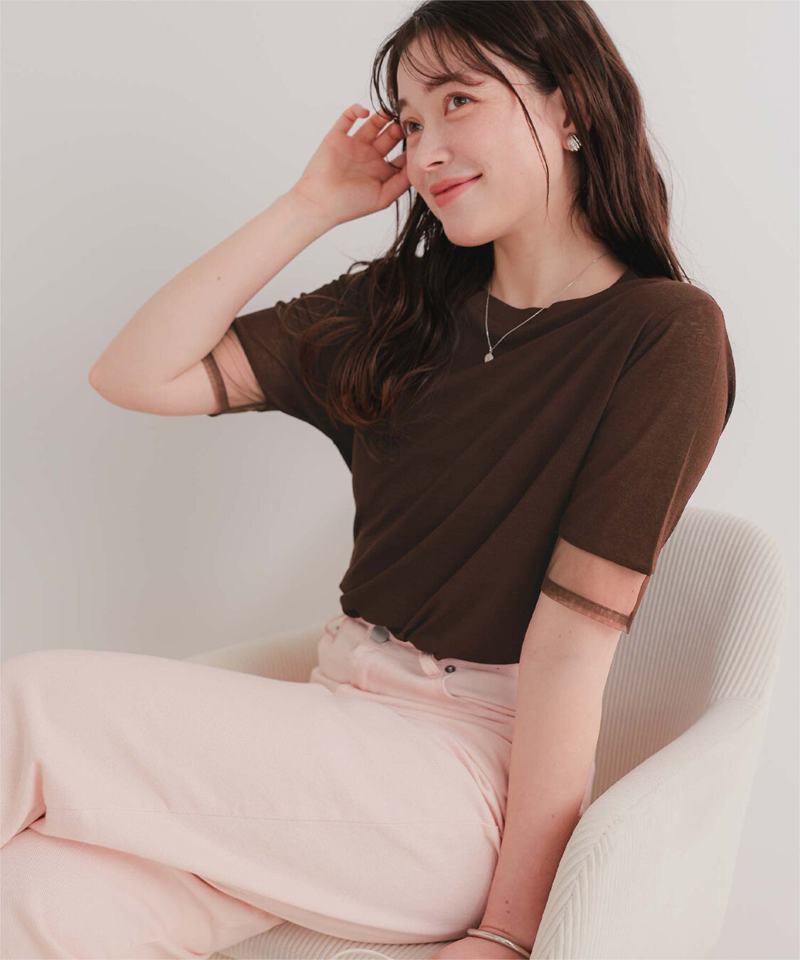 titivate「シアー切替ハーフスリーブカットソートップス」|Tシャツ・カットソー|ダークブラウン