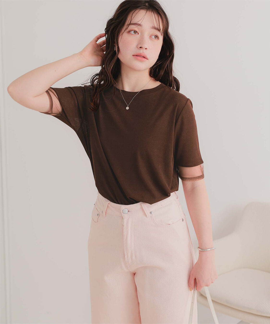 titivate「シアー切替ハーフスリーブカットソートップス」|Tシャツ・カットソー|