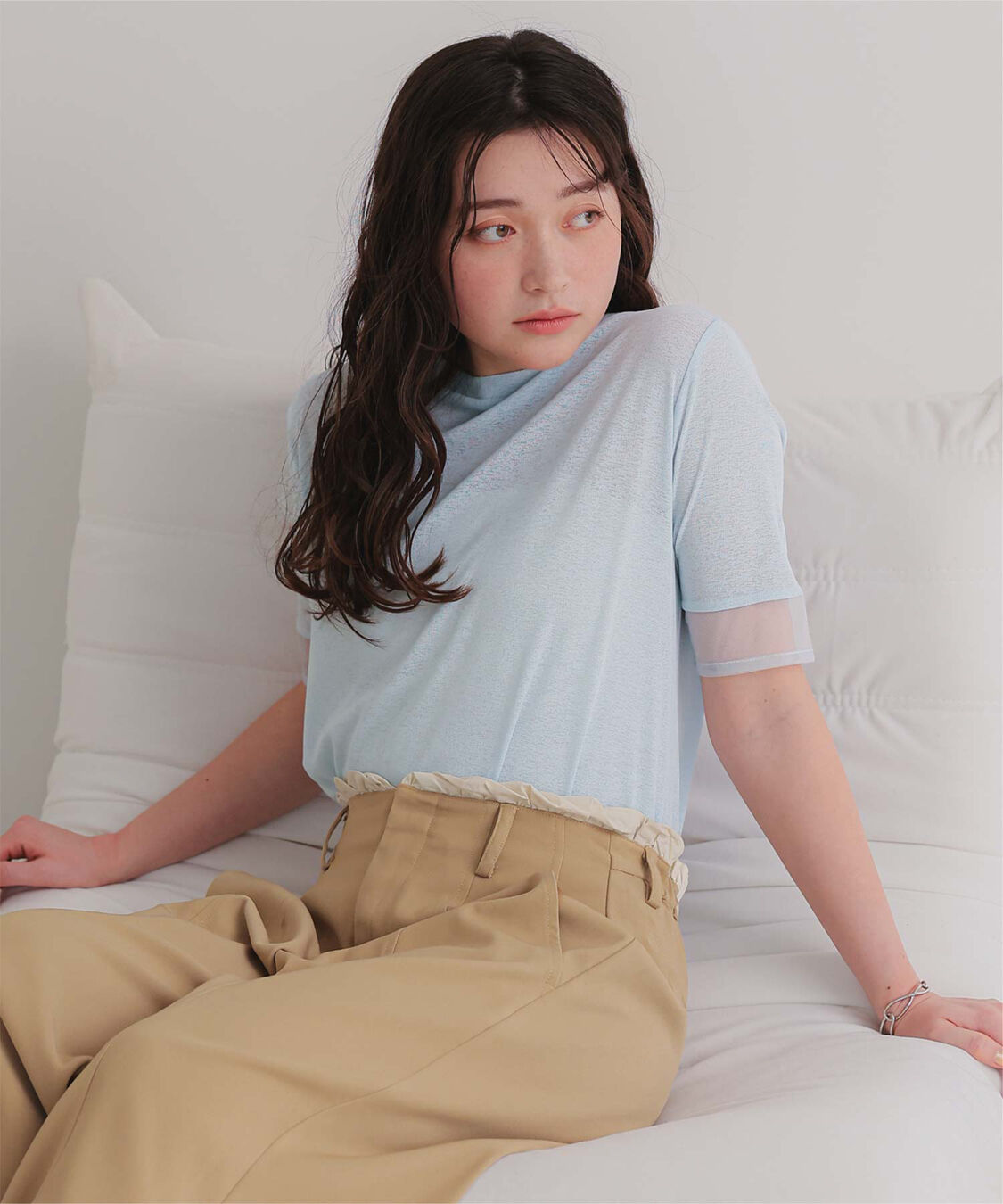 titivate「シアー切替ハーフスリーブカットソートップス」|Tシャツ・カットソー|ライトブルー