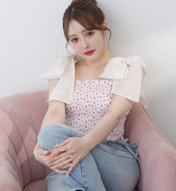  「肩リボン取り外し可能カップ付きシャーリングインナー」|プルオーバー|ピンク系その他