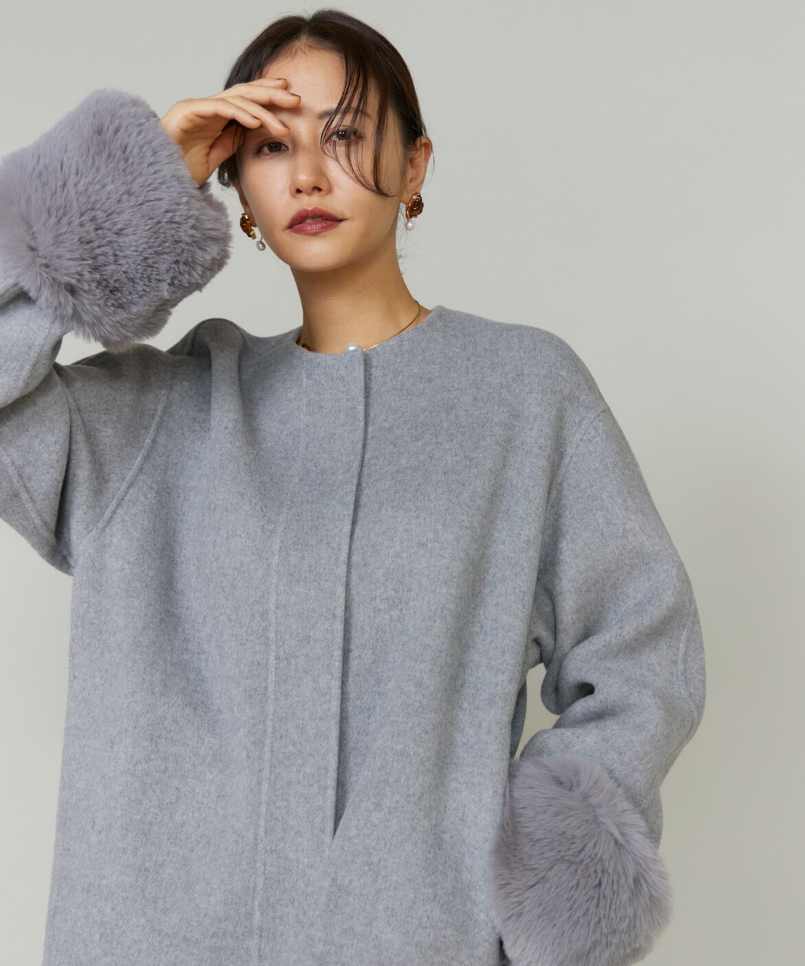Le Souk「《45th限定企画》ファー付きクルーネックリバーコート」|その他|グレー1