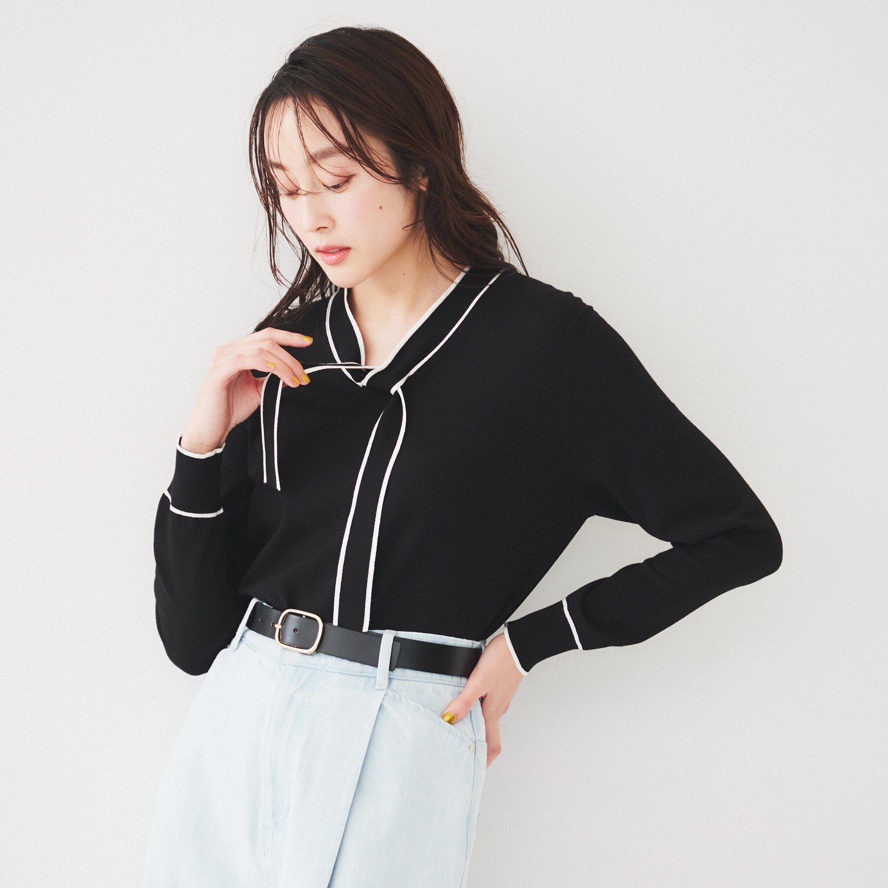 UNTITLED「【アンサンブル可能】ボウタイ 配色プルオーバーニット」|ニット・セーター|